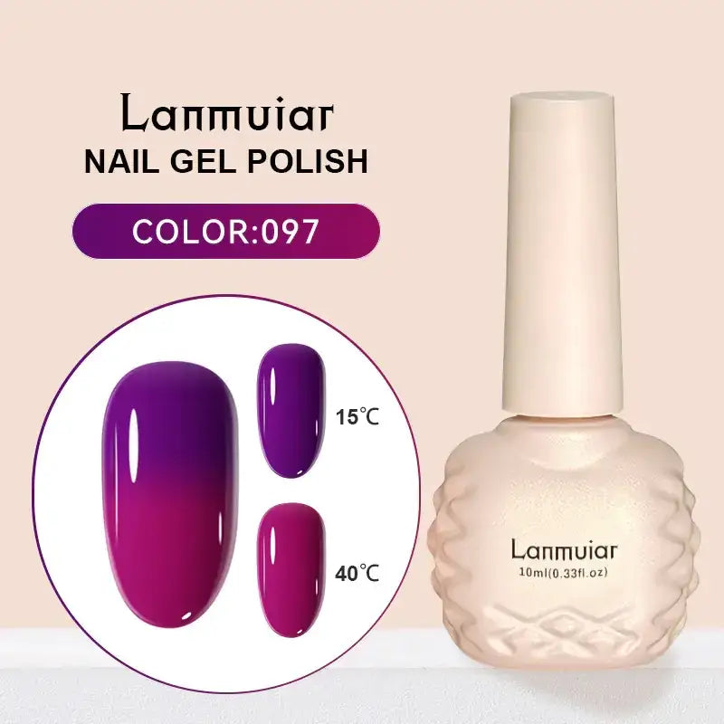 Lanmuiar nail gel polish in a textured, off-white bottle with a matching cap.