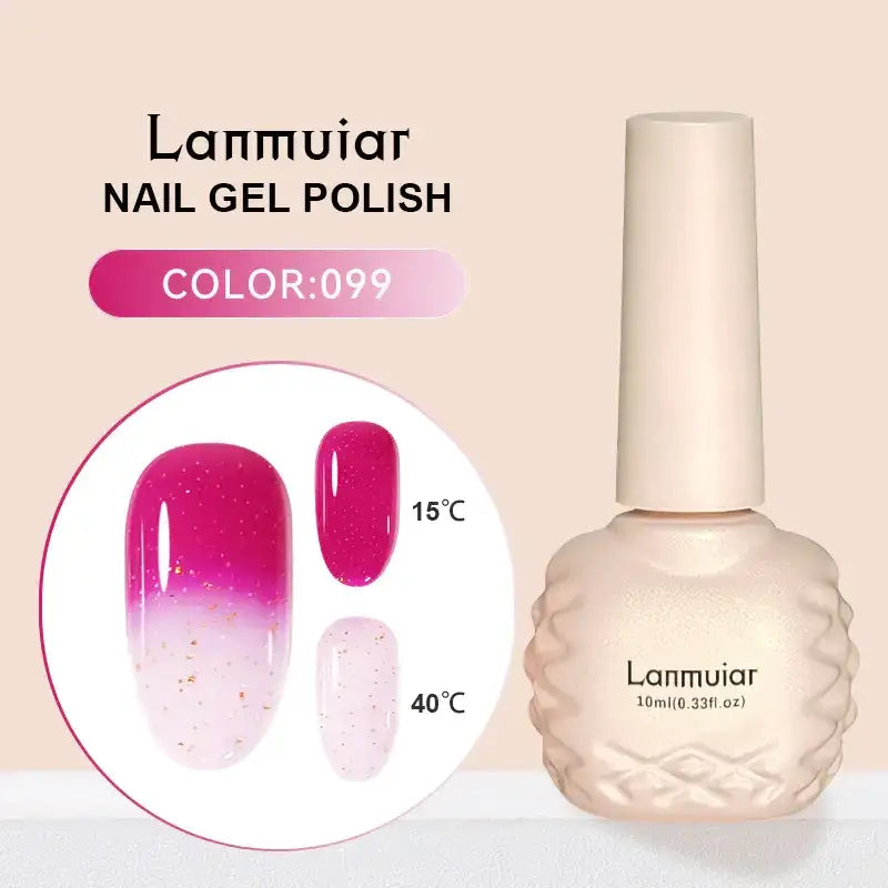Lanmuiar nail gel polish in a 10ml bottle with a textured, off-white body and cap.
