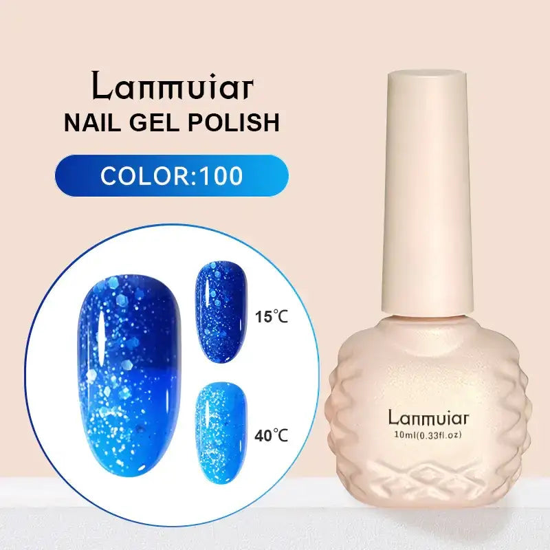 Lanmuiar brand nail gel polish in a 10ml bottle with an off-white, textured body and matching cap.