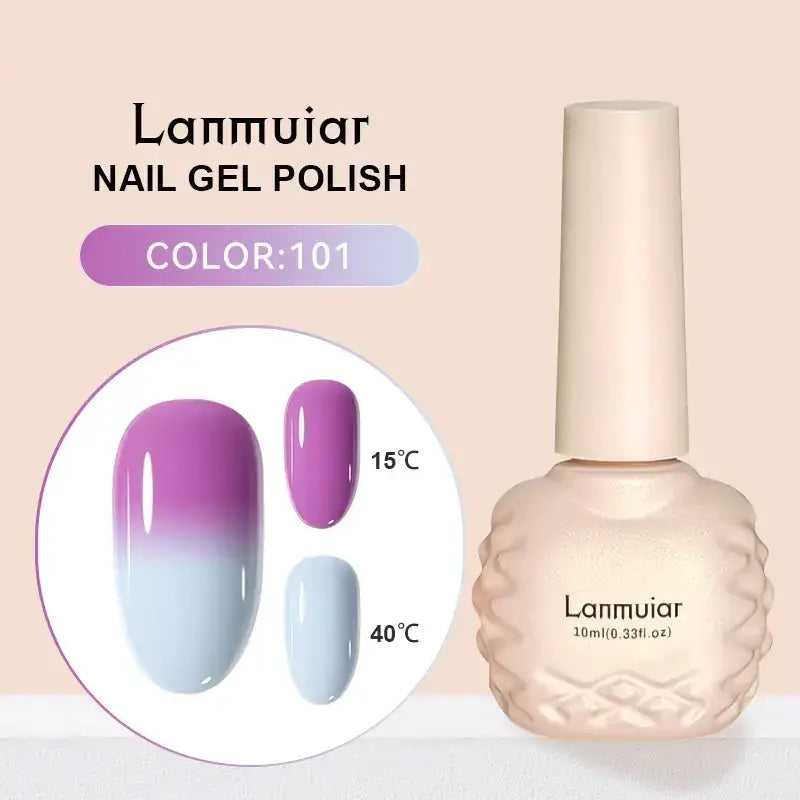 Lanmuiar nail gel polish in color 101, a pearlescent bottle with an embossed textured design and a matching cap.