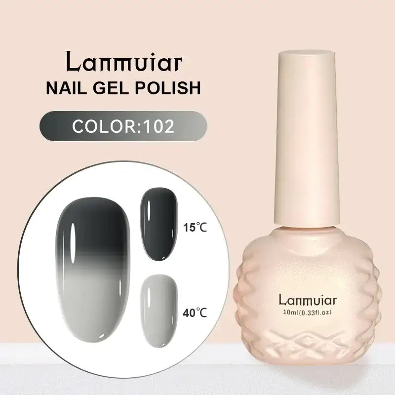 Lanmuiar brand nail gel polish in a 10ml bottle with an elegant textured, pale pink body and matching cap.