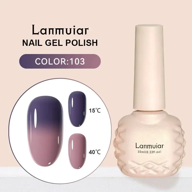 Lanmuiar nail gel polish in color 103, featuring a gradient from deep purple to soft mauve with a textured, cream-colored bottle.