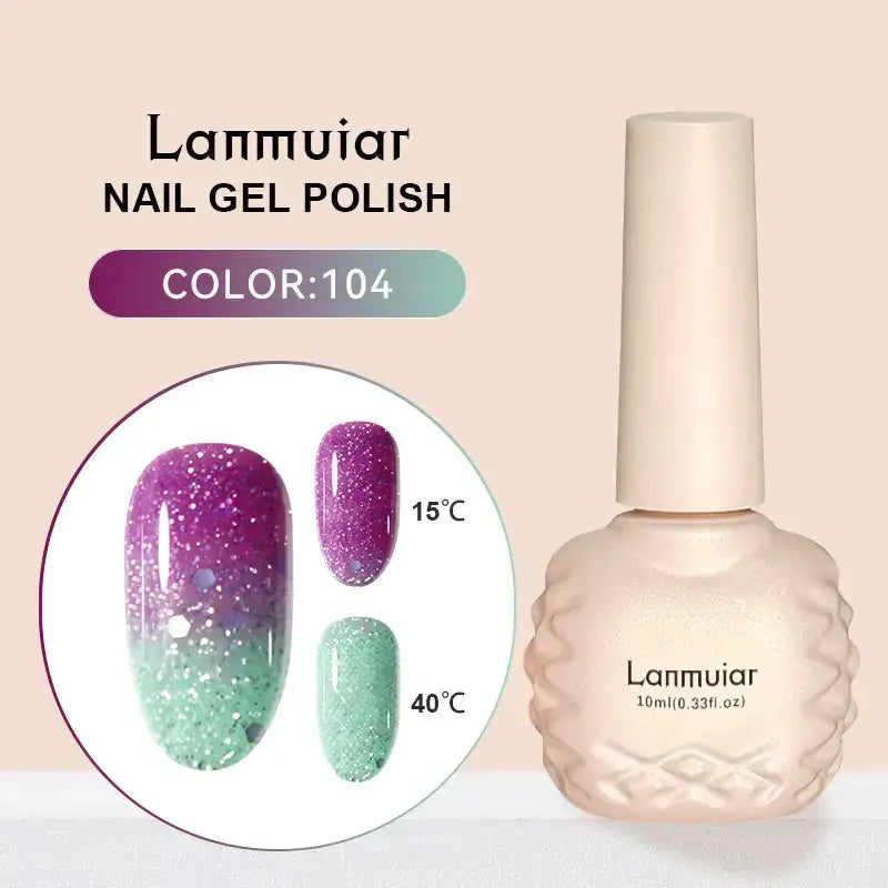 Lanmuiar nail gel polish in color 104, featuring a shimmering gradient from purple to mint green with glitter.