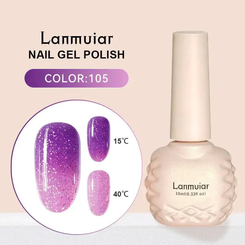 Lanmuiar nail gel polish in a 10ml bottle with a textured, off-white body and cap.