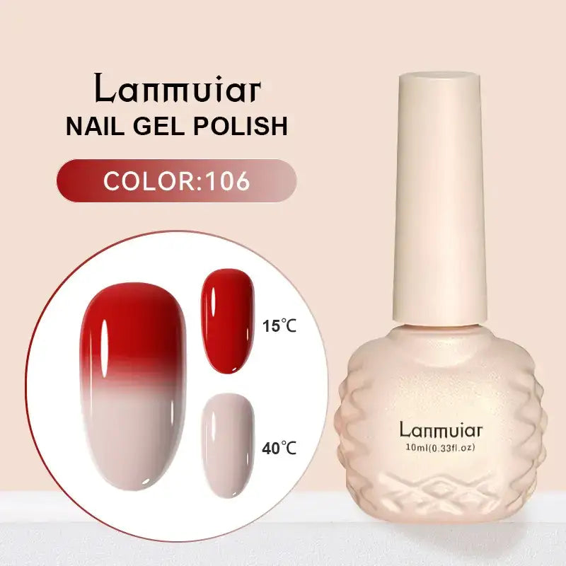 Lanmuiar nail gel polish in color 106, featuring a glossy red-to-white ombre finish with a textured, frosted glass bottle and cream-colored cap.