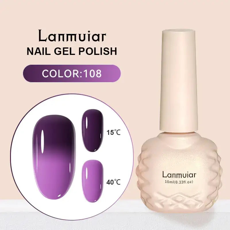 Lanmuiar nail gel polish in a 10ml bottle with an embossed textured base and cream-colored cap, featuring color #108—a gradient purple shade that transitions from deep violet to lighter lavender depending on temperature.