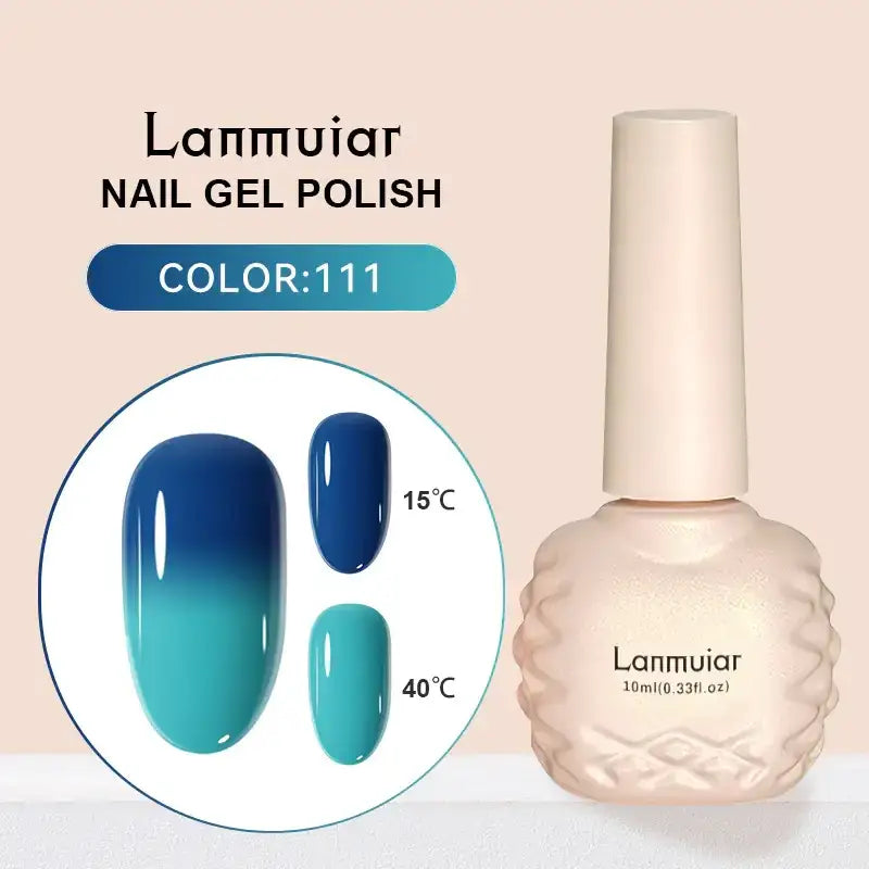 Lanmuiar brand nail gel polish in a 10ml bottle with an off-white, textured glass body and matching cap.