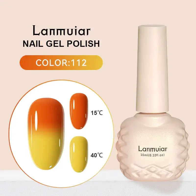 Lanmuiar nail gel polish in color 112, featuring a gradient orange-to-yellow finish with a textured, off-white bottle.