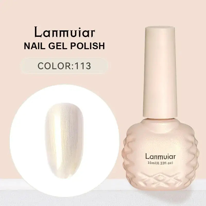 Lanmuiar brand nail gel polish in a 10ml bottle with an ornate, textured beige body and matching cap.