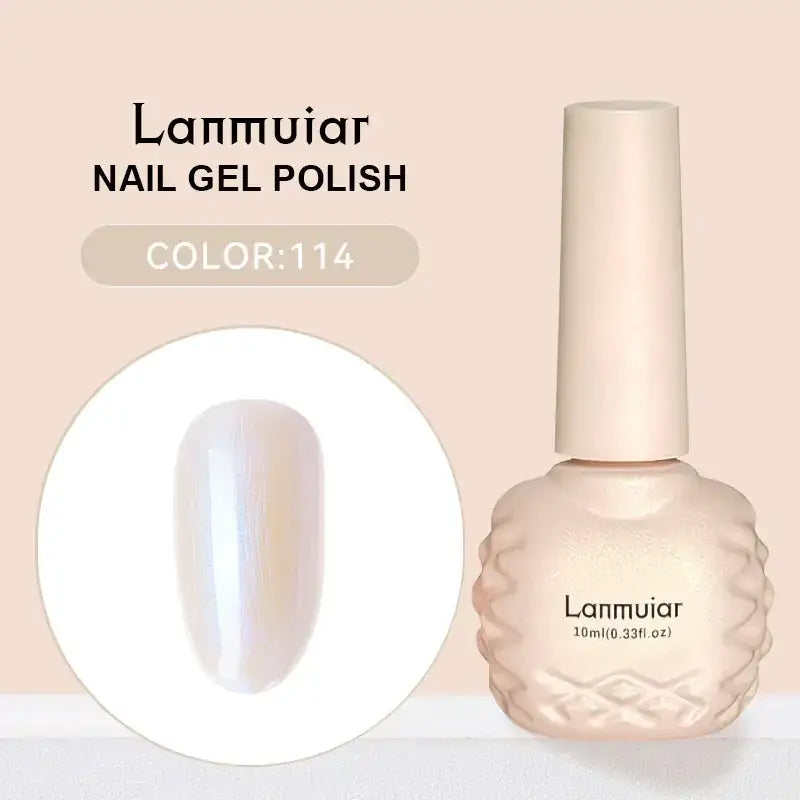 Lanmuiar nail gel polish in a 10ml bottle with an elegant, textured beige body and matching cap.