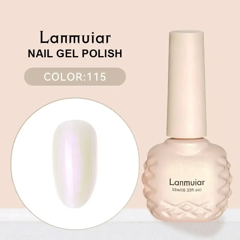 Lanmuiar nail gel polish in a 10ml bottle with an iridescent, pearlescent finish and textured glass body.