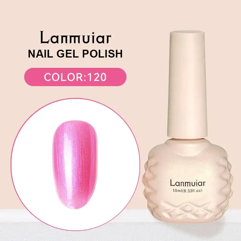 Lanmuiar nail gel polish in a 10ml bottle with an off-white, textured body and matching cap.
