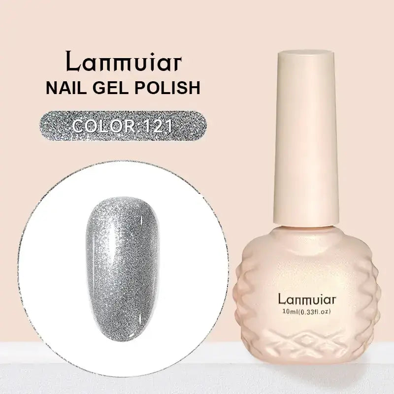 Lanmuiar brand nail gel polish in a 10ml bottle with a textured, pale pink body and matching cap.