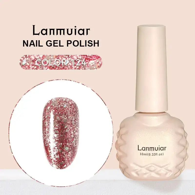 Lanmuiar nail gel polish in a 10ml bottle with a textured, pale pink body and cap.