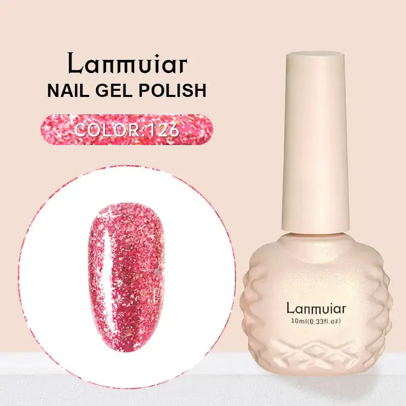 Lanmuiar nail gel polish in a shimmering pink glitter finish, housed in an elegant textured off-white bottle with a matching cap.