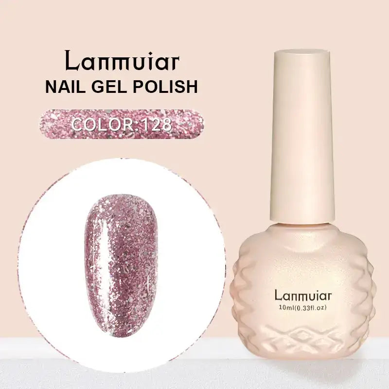 Lanmuiar nail gel polish in a shimmering rose gold glitter finish, housed in an elegant textured bottle with a matching cap.