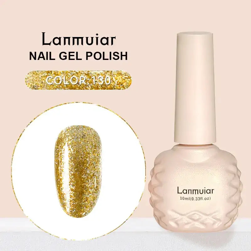 Lanmuiar nail gel polish in a shimmering gold glitter finish, housed in an elegant textured bottle with a matching cap.