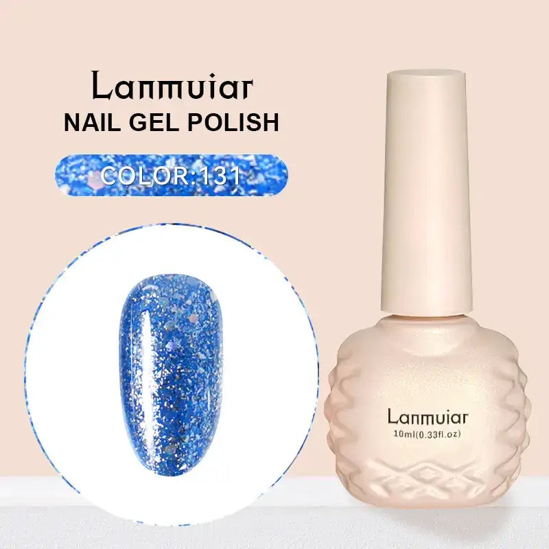 Lanmuiar brand nail gel polish in a 10ml bottle with an off-white, textured body and matching cap.