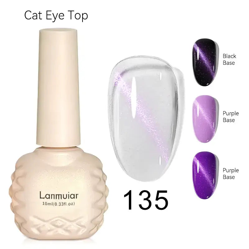 Lanmuair cat eye top 135 nail polish in a cream-colored, textured bottle with magnetic cat-eye effect shown on purple and black bases.
