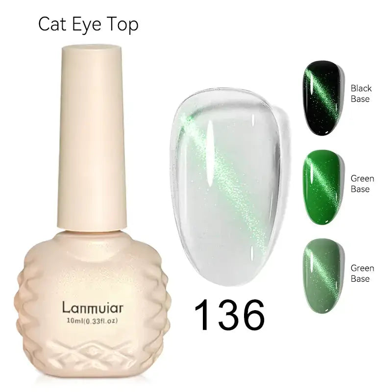 Lanmuair cat eye top 136 nail polish in a cream-colored, textured bottle with shimmering green and black cat-eye effect.