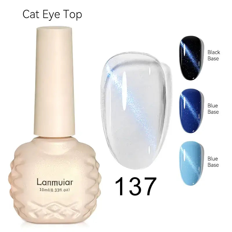 Cream-colored, textured bottle of lannmuiar cat eye top nail polish with a 10ml capacity and shimmering blue cat-eye effect shown on nails.