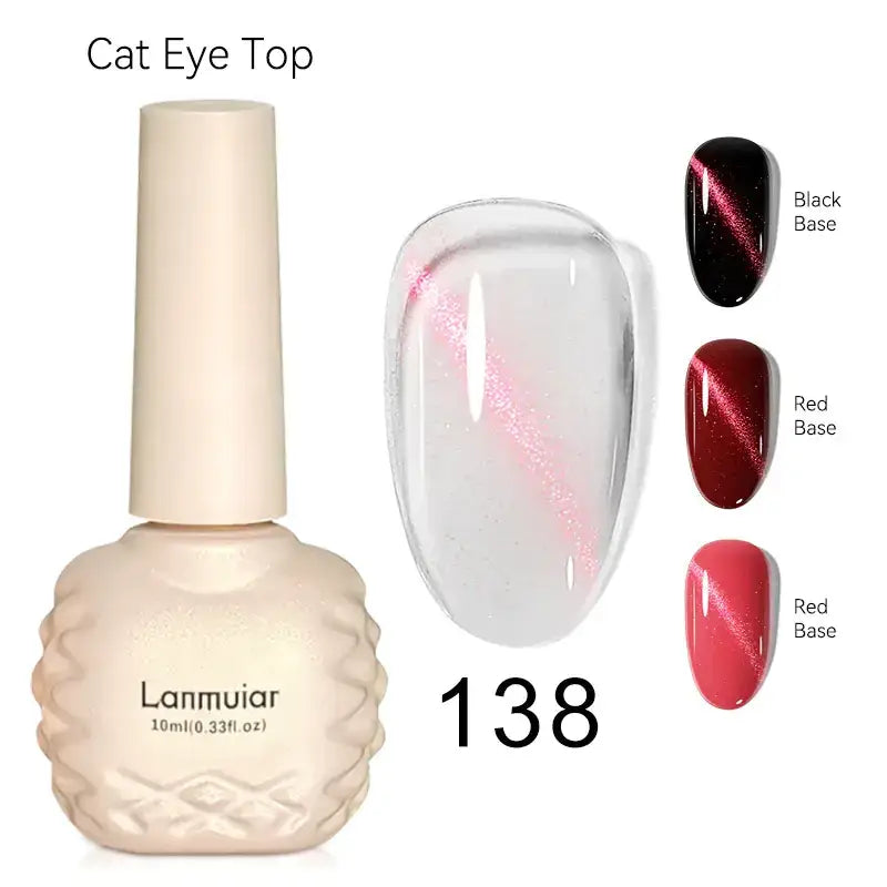 Cream-colored, textured bottle of lanmuair cat eye top nail polish with a 10ml capacity.