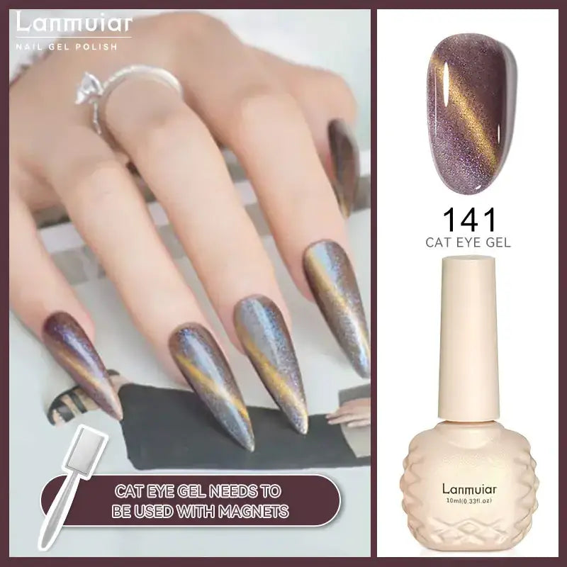 Lanmuiar 141 cat eye gel nail polish in a textured cream bottle with metallic purple and gold shimmer.