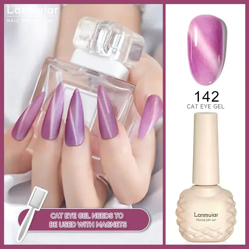 Lanmuair 142 cat eye gel in a textured cream bottle with a matching cap, featuring a vibrant purple and white swirling design.