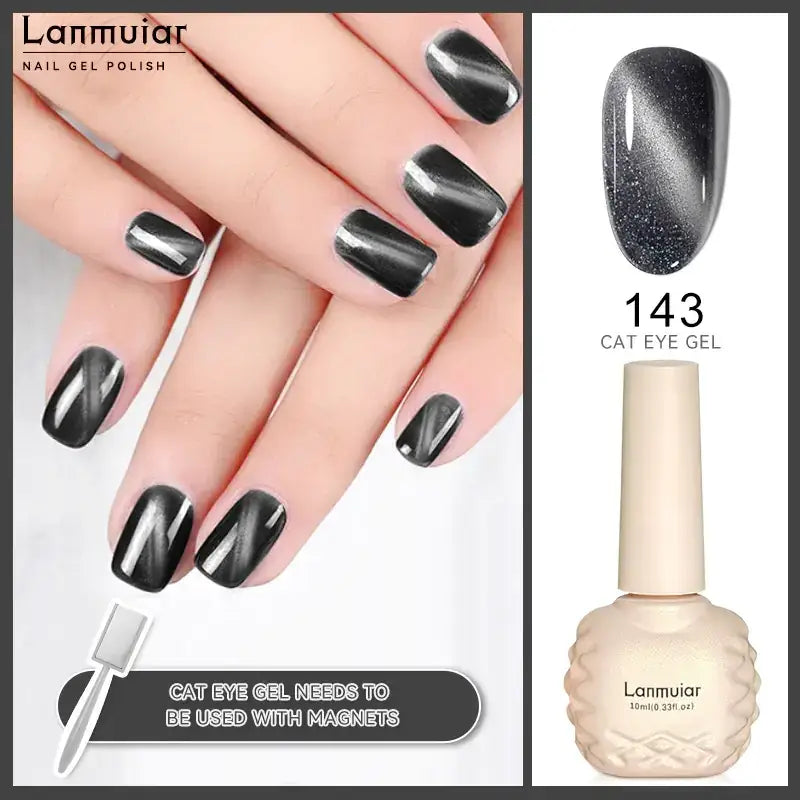 Lanmuiair 143 cat eye gel nail polish in a textured cream bottle with magnetic effect.