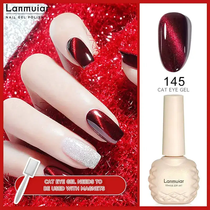 Lanmuiaar 145 cat eye gel nail polish in a textured cream bottle with a sleek white cap, featuring a deep red magnetic finish that shimmers like cat’s eyes.