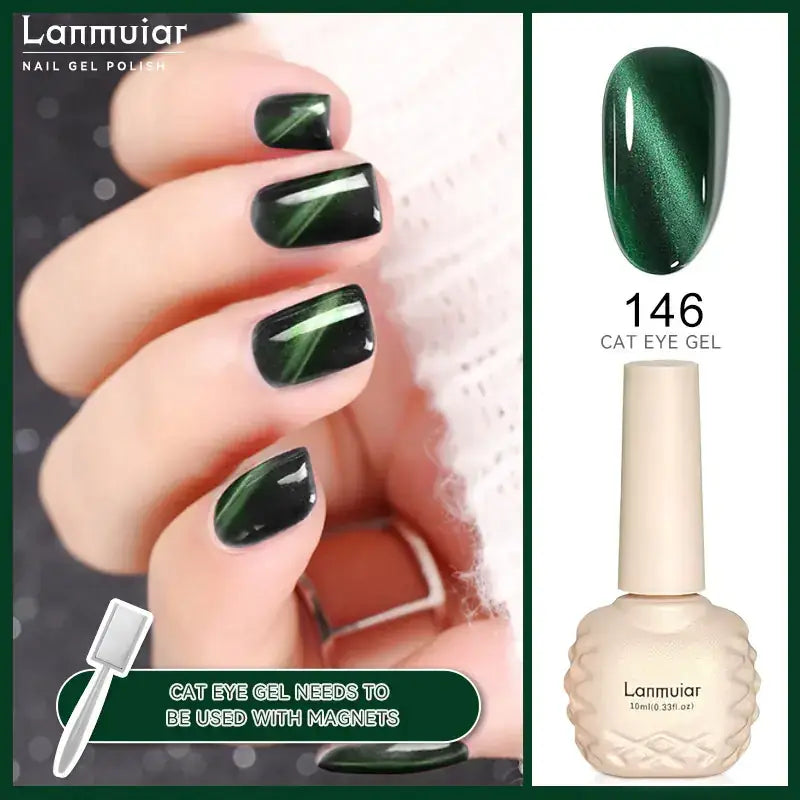 Lanmuair 146 cat eye gel in a textured cream bottle with a sleek white cap, featuring an iridescent green and black magnetic effect.