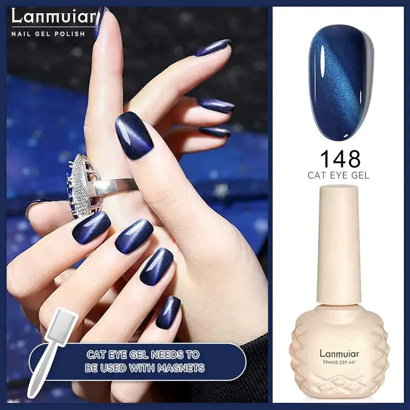 Lanmuian 148 cat eye gel nail polish in a textured cream bottle with a metallic blue shimmer finish.