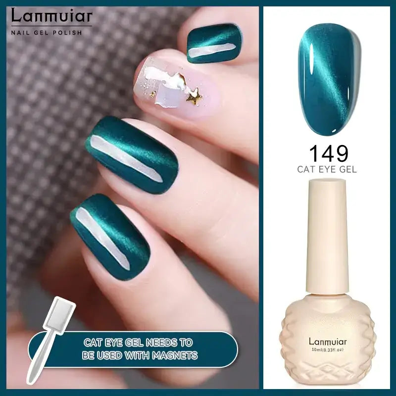 Lanmuair brand cat eye gel nail polish in a creamy beige textured bottle with the shade number 149, featuring an iridescent teal color that shifts between deep green and blue tones.