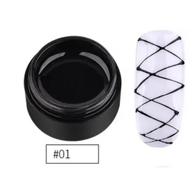 Black gel nail polish in a sleek black jar, shown alongside a white fingernail decorated with a crisscross pattern of the same black polish.