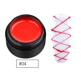 Red gel nail polish in a black jar, shown alongside a manicured fingernail with red crisscross swirls.