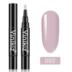 A sleek black yinikiz nail polish pen with a fine tip, showcasing a soft lavender shade labeled as 002.