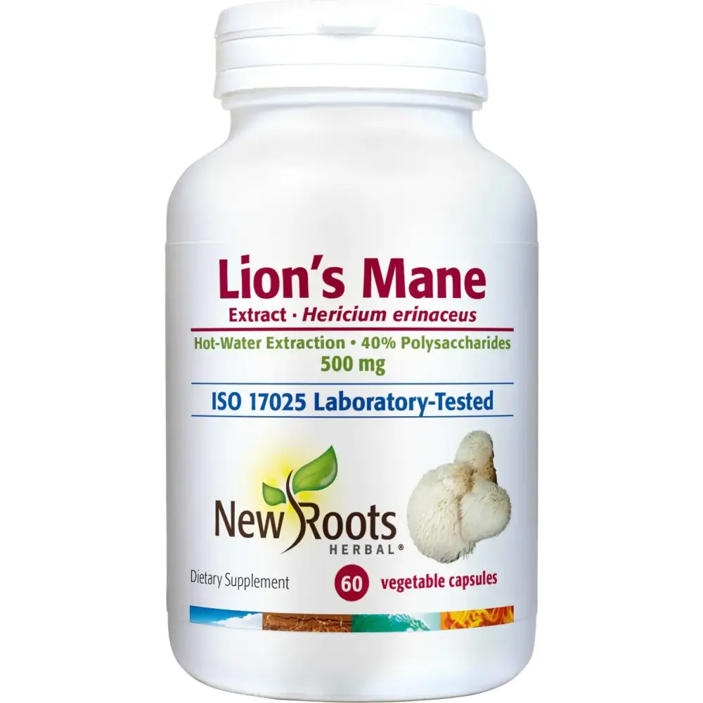 White plastic bottle of new roots herbal lion’s mane extract dietary supplement with a white cap and label detailing 500 mg capsules.