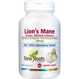 White plastic bottle of new roots herbal lion’s mane extract dietary supplement with a white cap and label detailing 500 mg capsules.