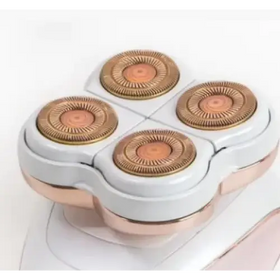 A sleek, modern electric razor with four rose gold circular heads set into a white and rose gold body.