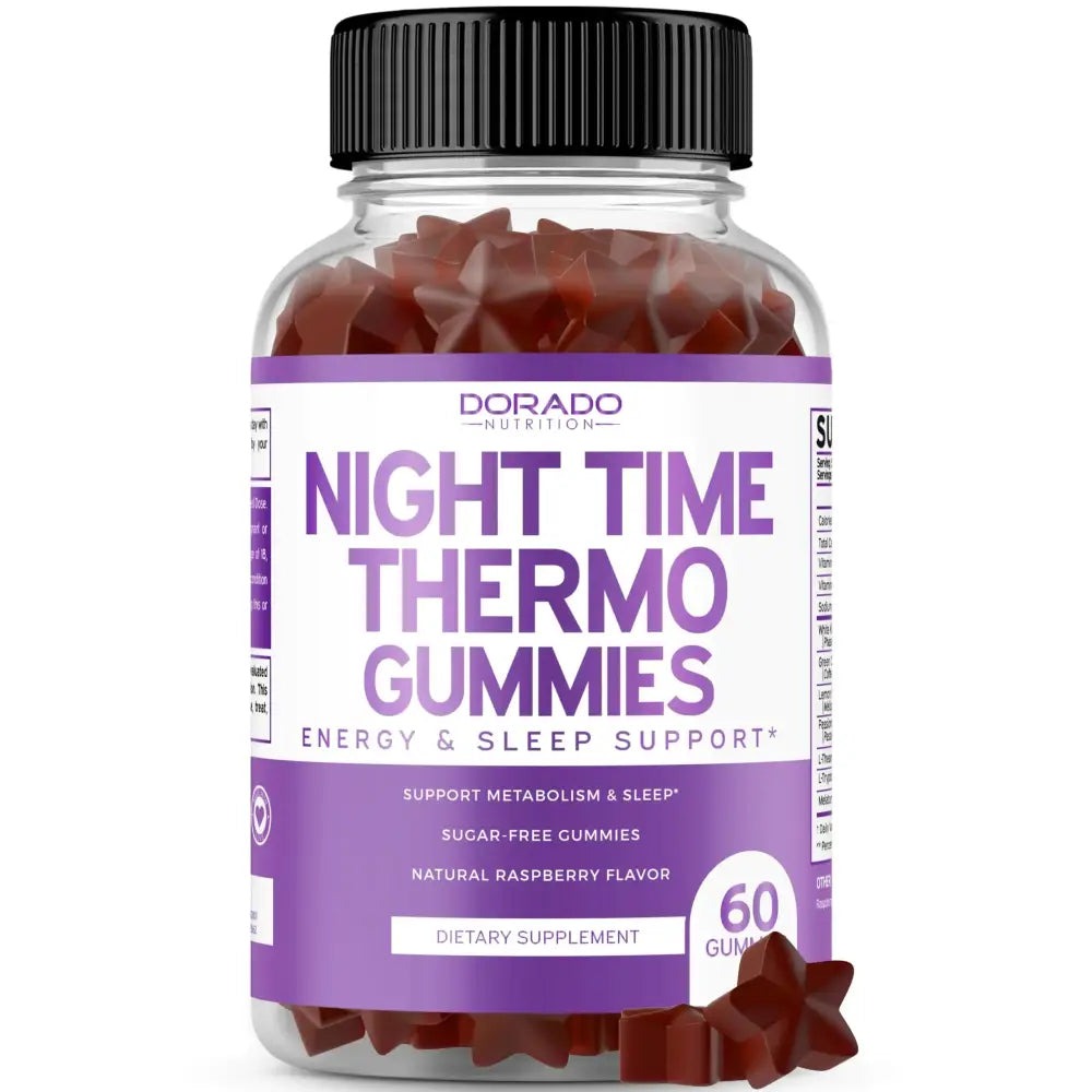 A clear plastic bottle with a black ribbed cap contains 60 dark red, star-shaped gummy candies labeled as ’dorado nutrition night time thermo gummies’ in purple and white text.