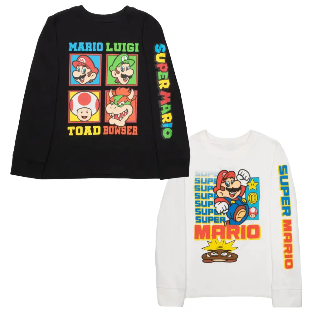 Nintendo Kids Super Mario Bros Mario & Luigi Boys Long Sleeve 2-Pack T-Shirt Bundle Set for Boys (Size 7 Black/White)
