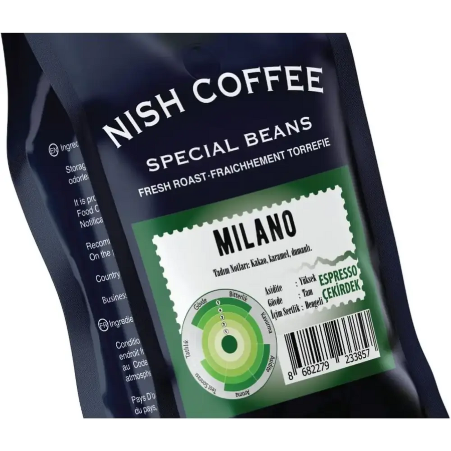 Dark blue bag of nish coffee special beans, featuring a green and white label with ’milano’ prominently displayed.