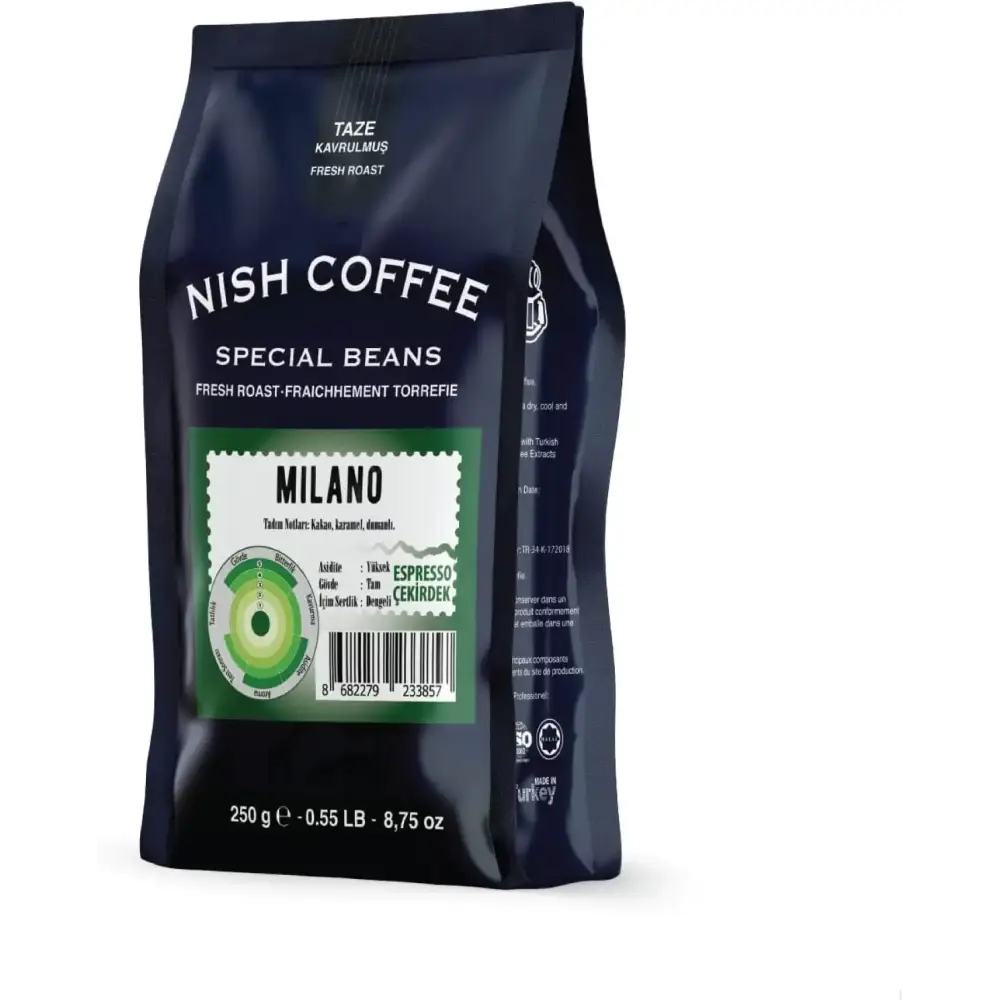 Dark blue nish coffee bag labeled ’milano’ with a green label and white text, featuring special beans for espresso.