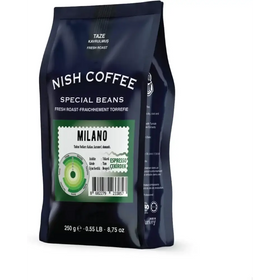 Dark blue nish coffee bag labeled ’milano’ with a green label and white text, featuring special beans for espresso.