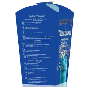 Blue cardboard box for nish coffee italian karamel flavored drink, featuring a vibrant illustration of the beverage in a glass.
