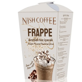 Nish coffee frappe flavored powdered drink in a white cardboard box with gold accents and an image of the prepared beverage.