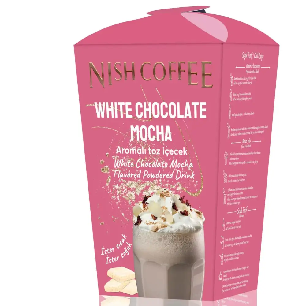 Pink nish coffee box featuring a white chocolate mocha flavored powdered drink with gold lettering and an image of the beverage topped with whipped cream.