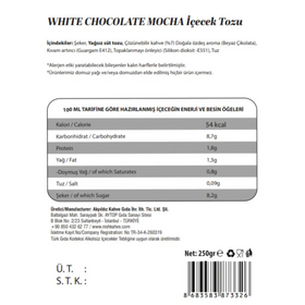 White chocolate mocha powder in a 250g package, labeled with turkish text and nutritional information.