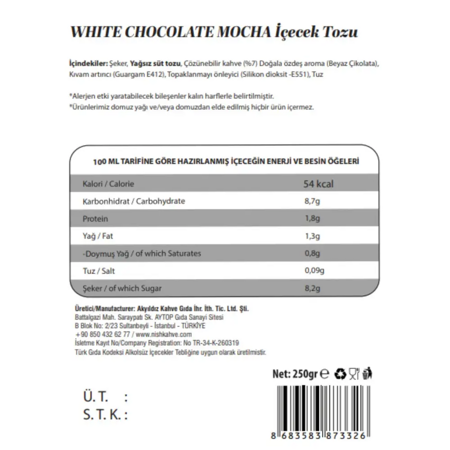 White chocolate mocha powder in a 250g package, labeled with turkish text and nutritional information.