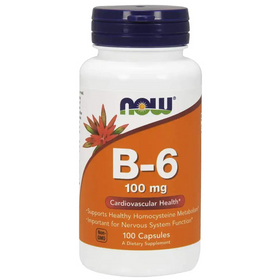 White plastic bottle with a dark blue cap and an orange label featuring the ’now’ brand logo, b-6 100 mg supplement information, and floral design.